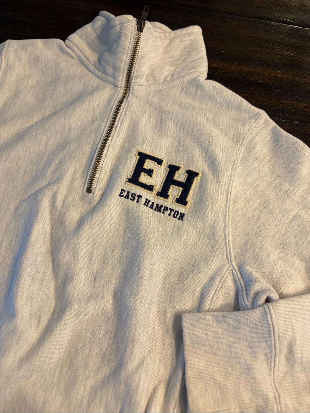Champion Gray Quarter-Zip Sweatshirt with Navy EH East Hampton Logo unisex Small
